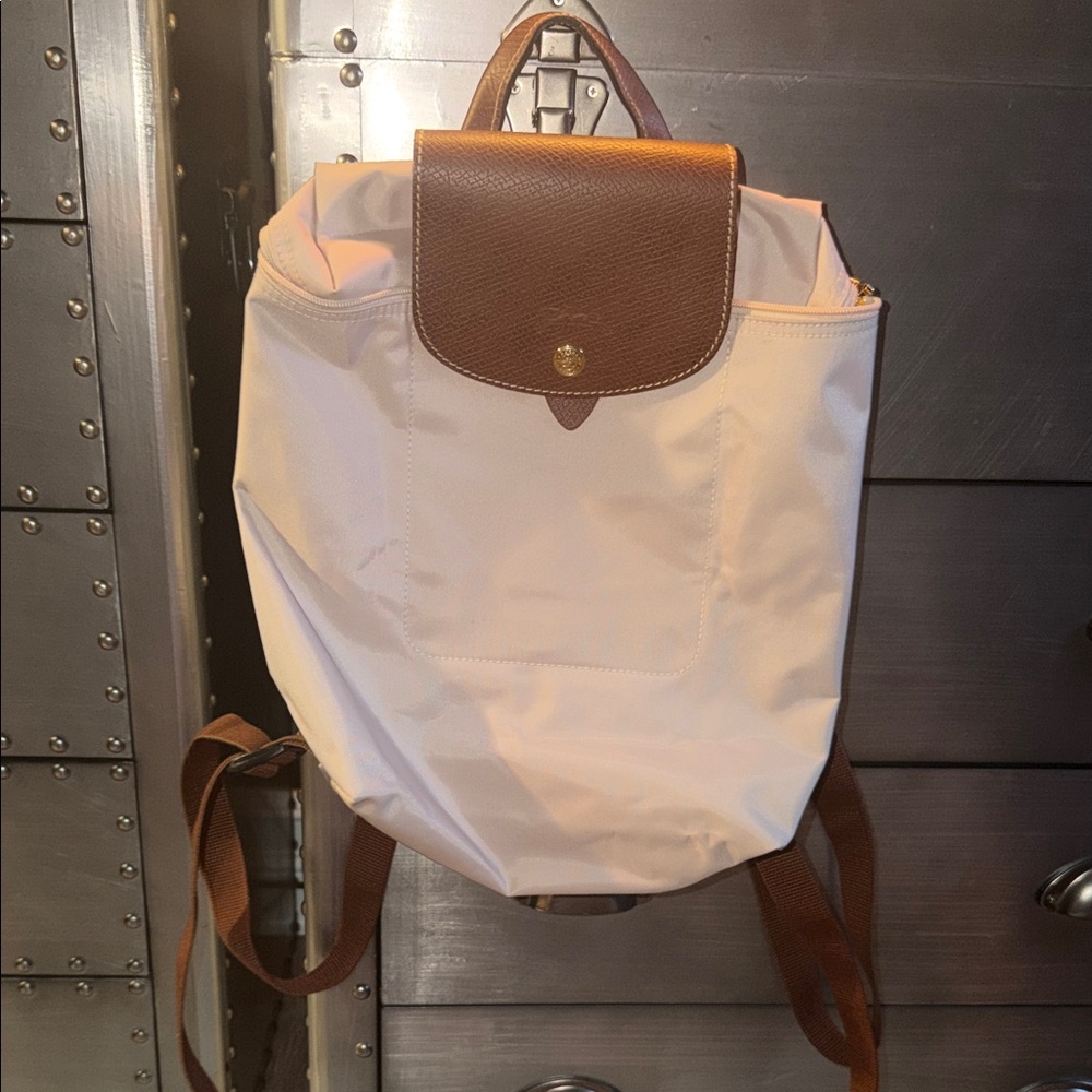 Longchamp Le Pliage Original Backpack Cream Brown Leather Authentic Like New Bag